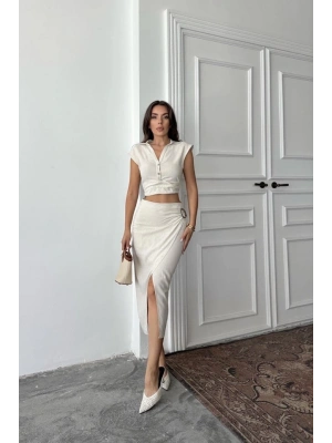 Bej Keten Gömlek Ve Etek Takım