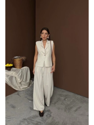 Bej Keten Yelek Pantolon Takım