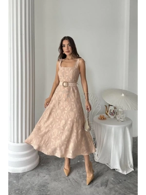 Bej Kuplu Uzun Elbise