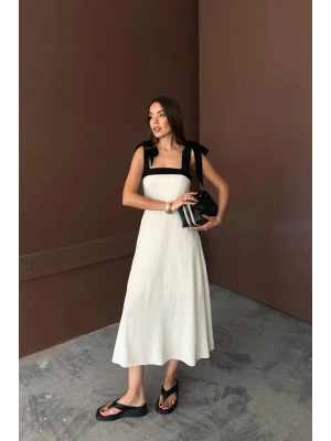 Bej Omuzdan Bağlamalı Keten Elbise