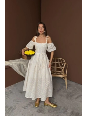 Bej Omuzu Bağcıklı Balon Kollu Brode Elbise