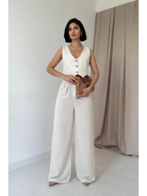 Bej Önü Düğmeli Yelek Ve Pantolon Takım