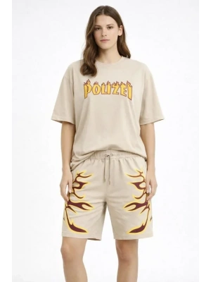 Bej Oversize Baskılı Tişört Şort Takım Cepli Şort Yazlık Rahat Günlük Kombin  Bej