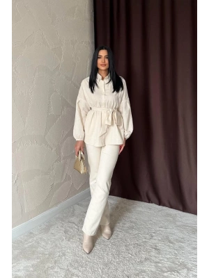 Bej Petek Jakar Kumaşlı Gömlek