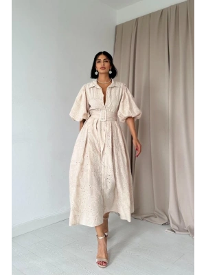 Bej Pileli Balkon Elbise