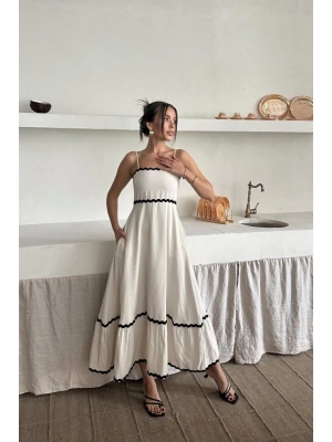 Bej Şerit Detay Keten Elbise