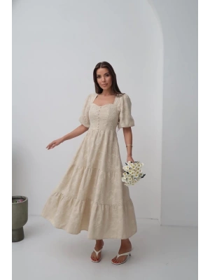 Bej üs Düğmeli Balon Kollu Elbise