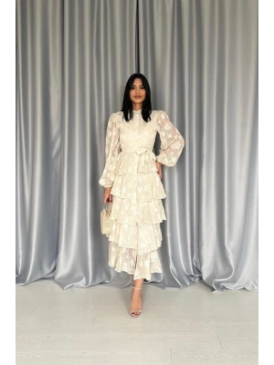 Bej Valonlu Şeritli Kat Kat Elbise