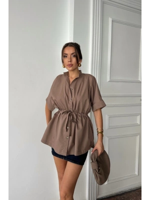 BEL BÜZGÜ DETAYLI POPLİN GÖMLEK  Kahverengi