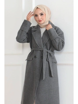 Beli Kuşaklı Yünlü Dokuma Kaşmir Kaban  Gri