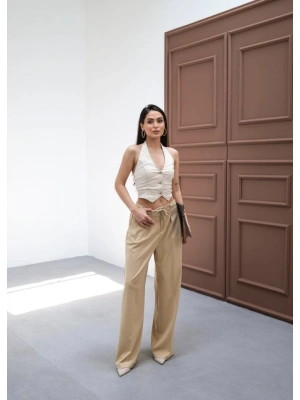 Beli̇ Lasti̇k Ve Bağcikli Geni̇ş Paça Pantolon