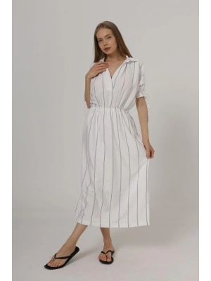 Beli Lastikli Elbise  Beyaz
