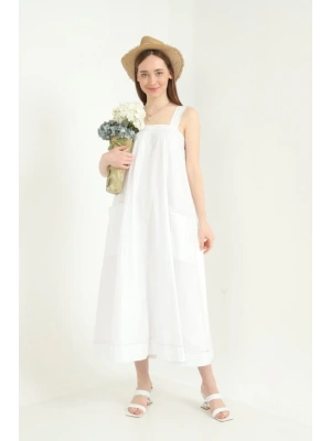Beyaz Askılı Cepli Elbise