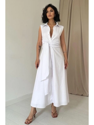 Beyaz Gömlek Yaka Bağlamalı Elbise