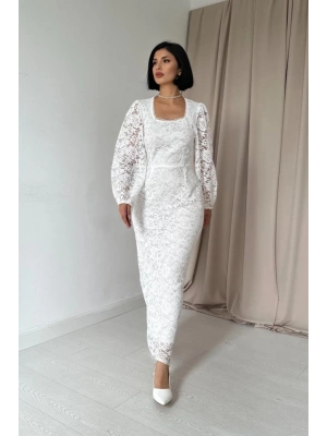 Beyaz Güpür Detaylı Dantel Elbise