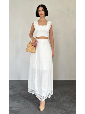 Beyaz Güpürlü Crop Ve Etek Takım