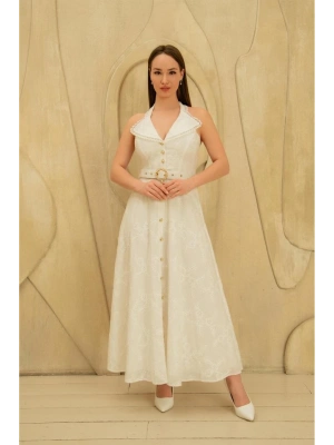 Beyaz İnci Kemer Detaylı Dantelli Elbise