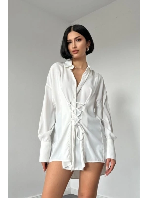 Beyaz Jesica Parçalı Bağcıklı Gömlek