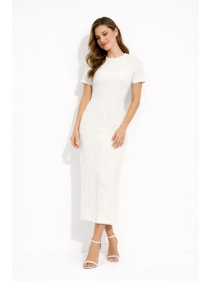 Beyaz Kısa Kollu Arkası Yırtmaçlı Uzun Elbise + İç Göstermeyen Askılı ini Elbiseli  Beyaz