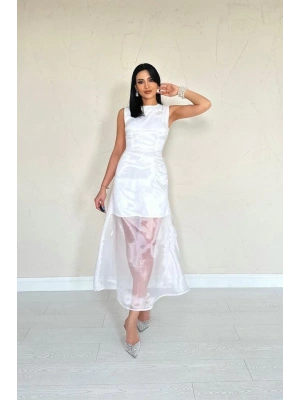 Beyaz Organze Detaylı Atlas Elbise