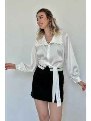 Beyaz Yakası Fırfırlı Kuşaklı aten Gömlek