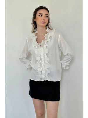 Beyaz Yakası Volanlı Gömlek