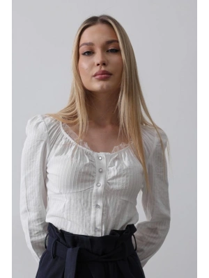 Bisiklet Yaka Bluz  Beyaz