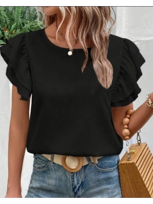 Bisiklet Yaka Kolları Volanlı İthal Krep Bluz