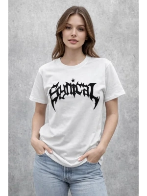 Bisiklet Yaka Ön Baskılı Kısa Kollu Tişört treetwear Günlük Basic Pamuklu Tshirt  Beyaz