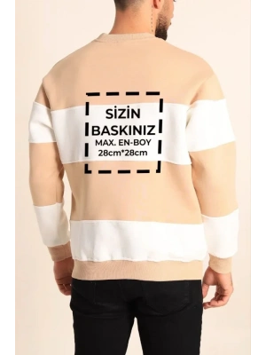Bisiklet Yaka Parçalı Özel Üretim weatshirt Bej