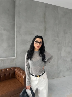 Bisiklet Yaka Uzun Kollu Crop  Gri