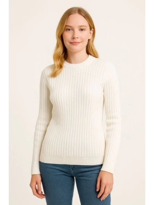 Bisiklet Yuvarlak Yaka Triko Kazak Pamuklu Kalın Fitilli Dokuma, Regular Fit Uzun Kollu Kışlık odel  Beyaz