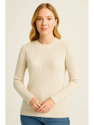 Bisiklet Yuvarlak Yaka Triko Kazak Pamuklu Kalın Fitilli Dokuma, Regular Fit Uzun Kollu Kışlık odel  Bej