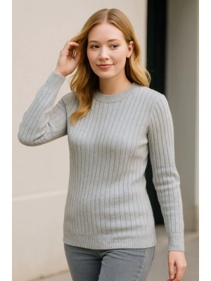 Bisiklet Yuvarlak Yaka Triko Kazak Pamuklu Kalın Fitilli Dokuma, Regular Fit Uzun Kollu Kışlık odel  Gri