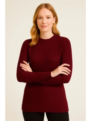 Bisiklet Yuvarlak Yaka Triko Kazak Pamuklu Kalın Fitilli Dokuma, Regular Fit Uzun Kollu Kışlık Model  Bordo