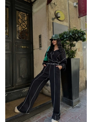 BİYELİ BLUZ PANTOLON TAKI ŞÖNİL KUAŞ  iyah