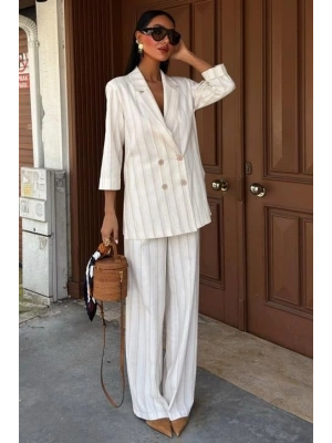 Blazer Ceketli Çizgili Keten Takım 10186