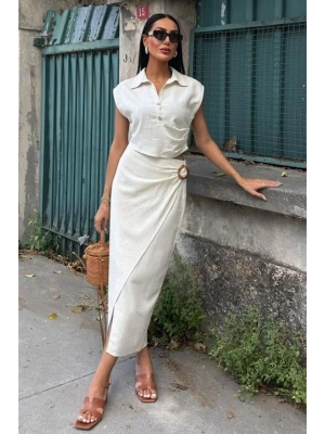 Bluzu Büzgülü Ve Eteği Tokalı Keten Takım 10204