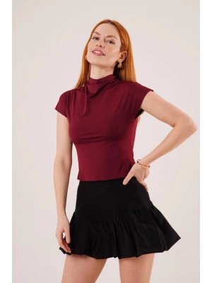 Boğazlı Parlak Kumaş Bordo Crop