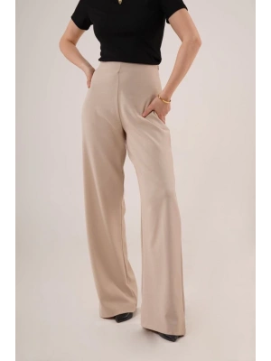 Bol Paça Yandan Fermuarlı Krem Kumaş Pantolon