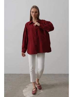 Boncuk Nakış Detaylı Uzun Gömlek  Bordo