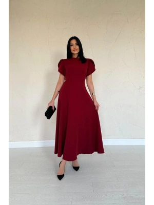 Bordo Arkası Fiyonk Garnili Britli Elbise