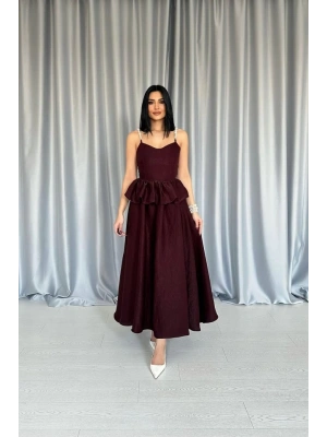 Bordo Beli Büzgülü İnci Askılı Uzun Elbise