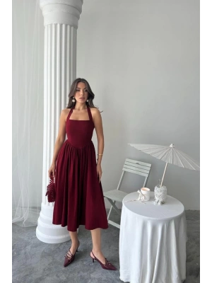 Bordo Boyundan Bağlamalı Keten Elbise