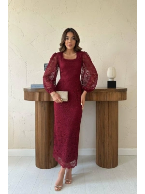 Bordo Güpür Detaylı Dantel Elbise