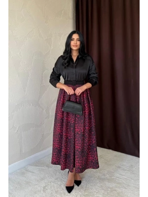 Bordo Leopar Büzgülü Uzun Etek