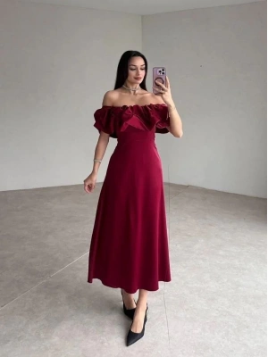 Bordo Omuz Büzgülü aten Elbise