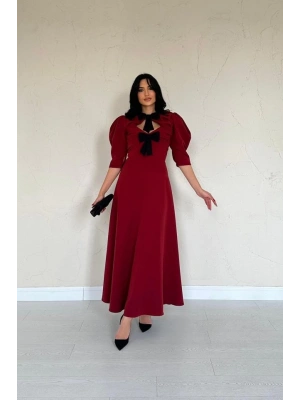 Bordo Ön Dekolteli Fiyonk Garnili Uzun Elbise