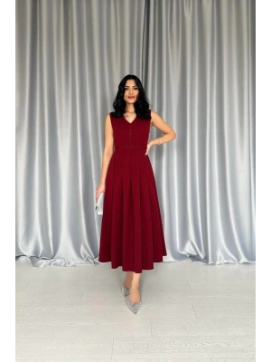 Bordo Önü Britli Pileli Elbise