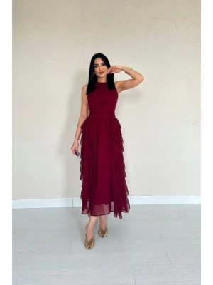 Bordo Önü Büzgülü Fırfırlı Elbise